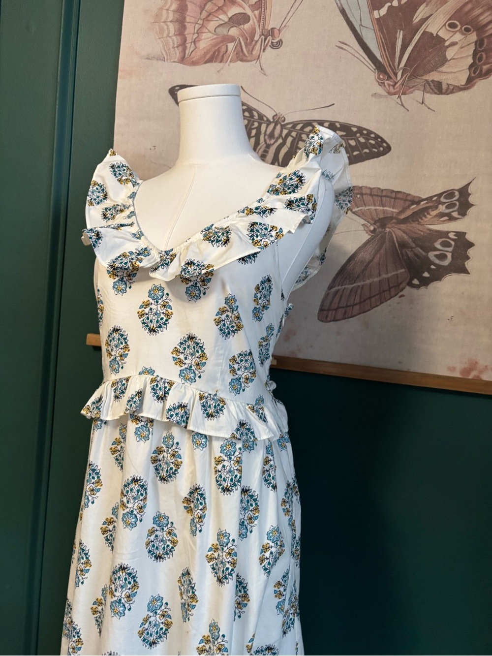 J. Crew block print  White  Ruffle Maxi Dress size 10 - Picture 3 of 6